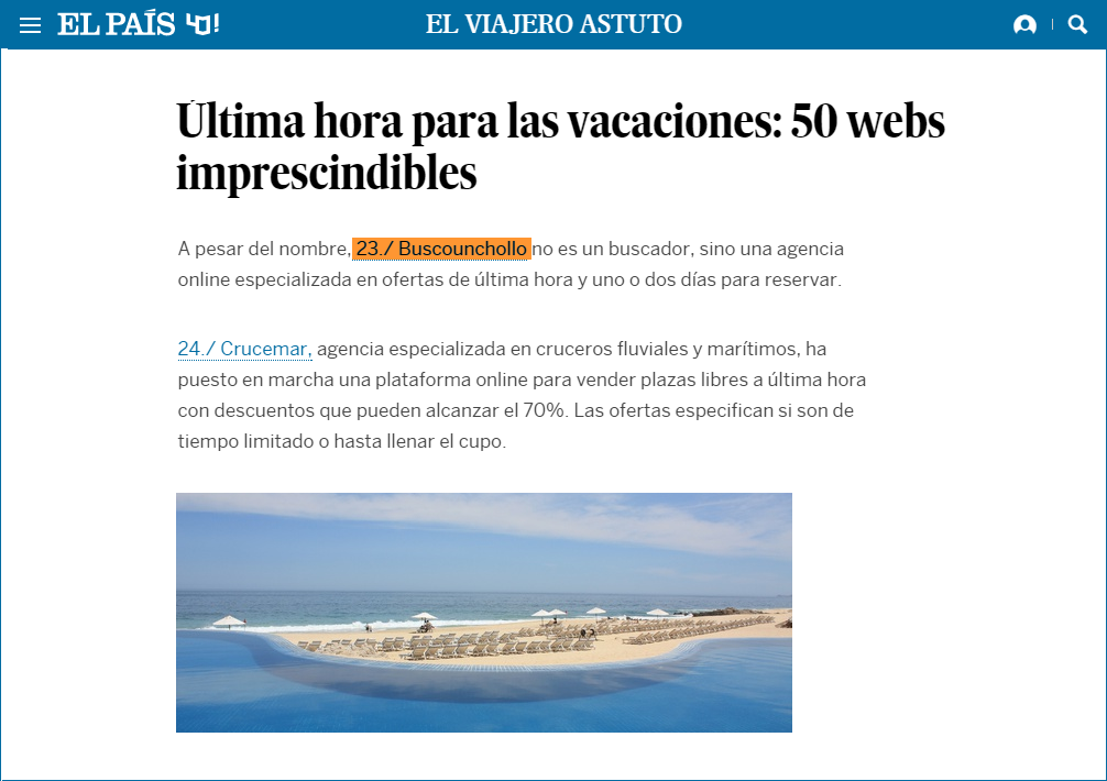 Nota de El País, titular "Última hora para las vacaiones: 50 webs imprescindibles