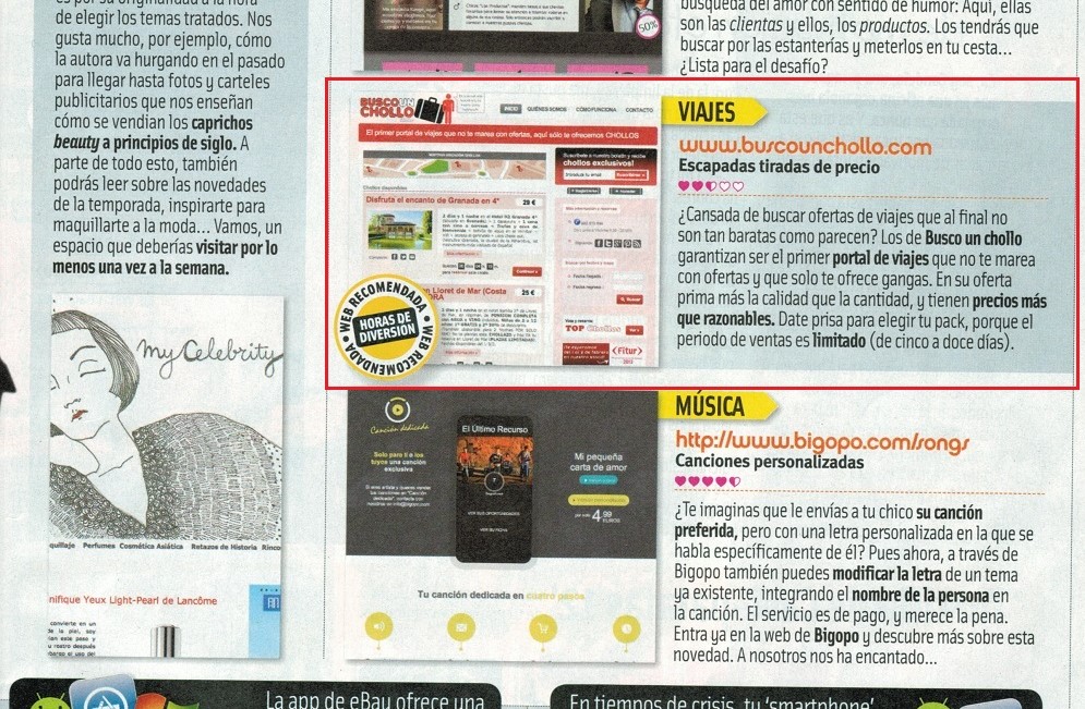 Hoja de diario con varias recomendaciones de apps, y en el centro la app de buscounchollo.com
