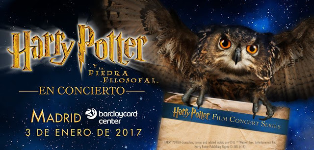 Cartel del concierto de HArry potter con un cielo estrellado de fondo y al costado el búho de Harry Potter