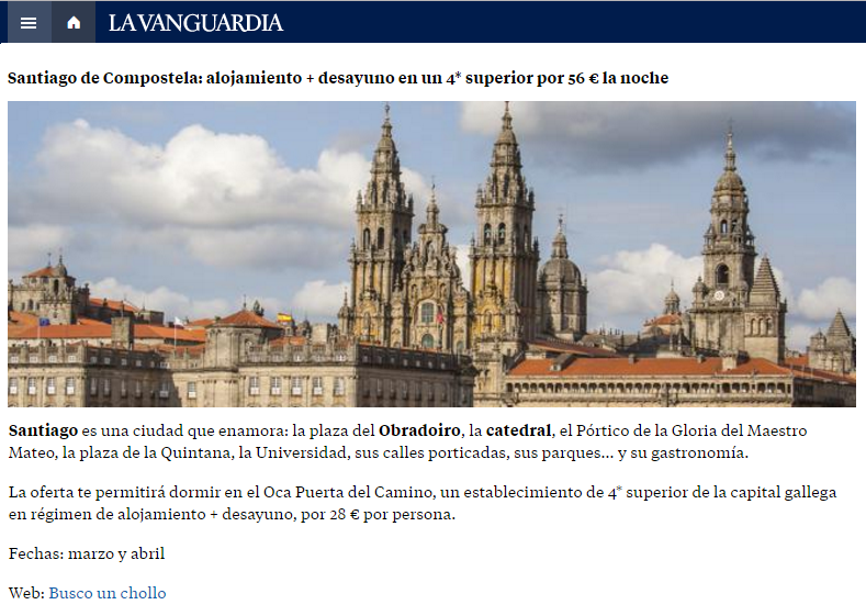 Nota de La Vanguardia promocionando un viaje de Buscounchollo