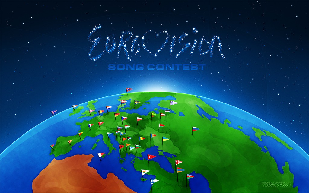 Ilustración de una parte del mundo con banderas en cada país. El titular es "Eurovisión song constest"