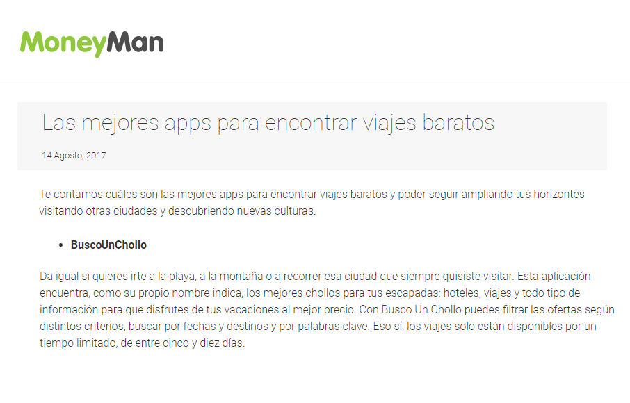 Nota de MoneyMan "Las mejores apps para encontrar viajes baratos"