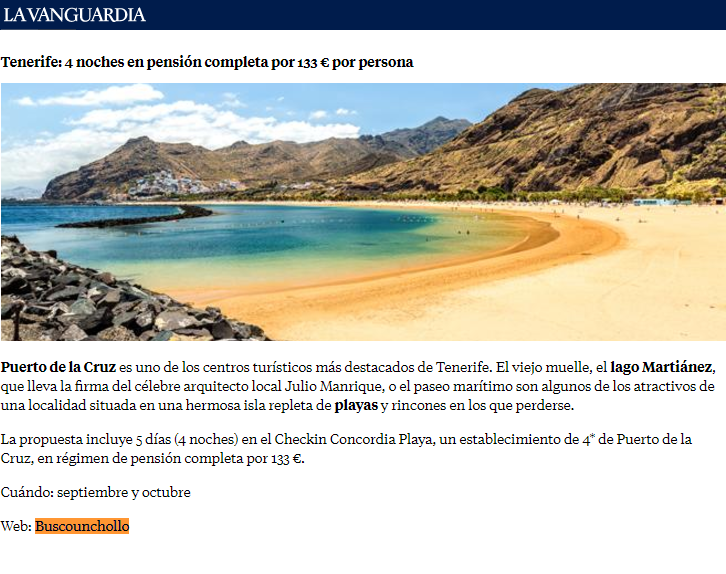 Nota de La Vanguardia con el titular: "Tenerife: 4 noches en pensión completa por 133€" Imagen de la playa rodeado de montaña
