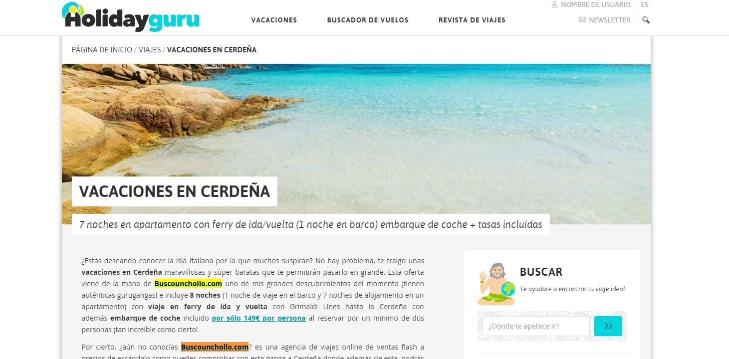 Nota de HolidayGuru con el titular: "Vacaciones en cerdeña" y una foto del mar