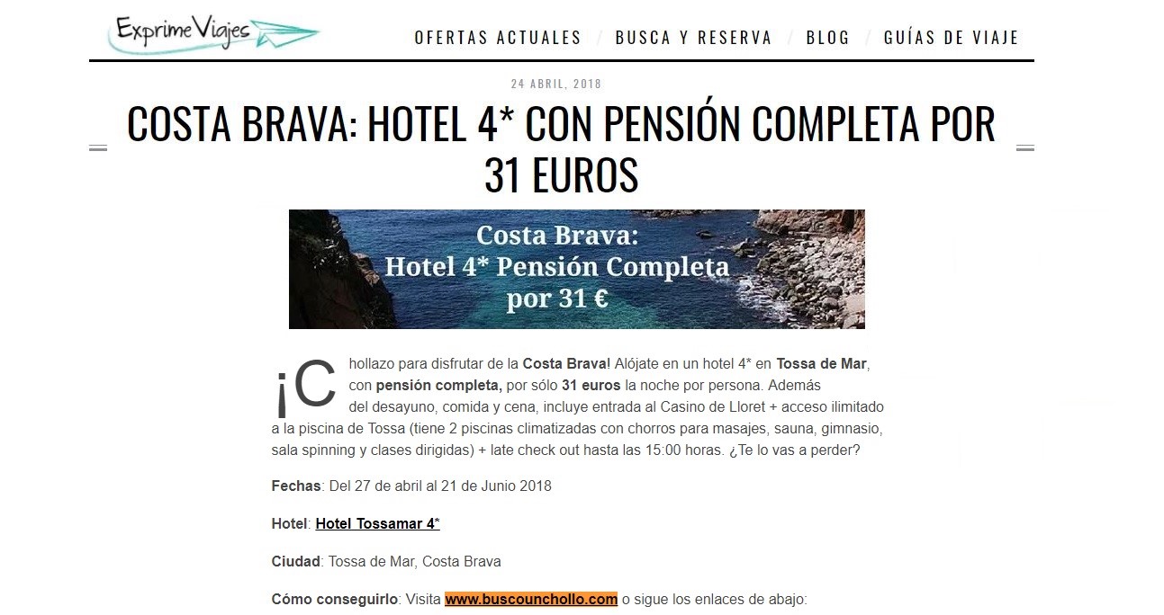 Nota de Exprime viajes, con el título "Costa brava: Hotel 4* con pensión completa por 31€