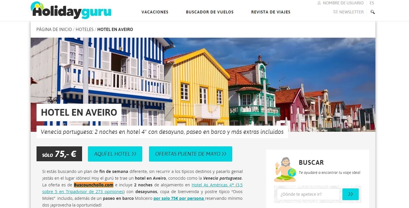 Nota del Holidayguru con el titulo: "Hotel en Aveiro" y una imagen de casitas pintadas cada una de un color diferente