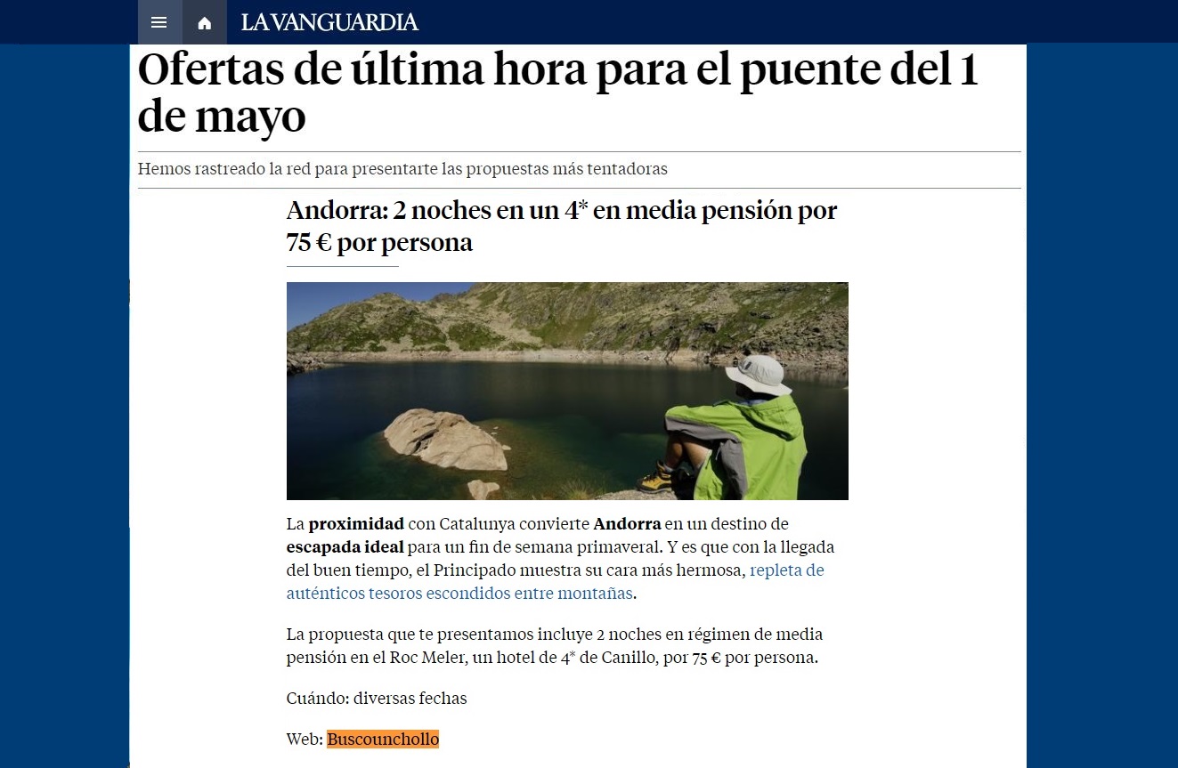 Nota de La Vanguardia con el titular: "Ofertas de última hora para el puente del 1 de mayo"