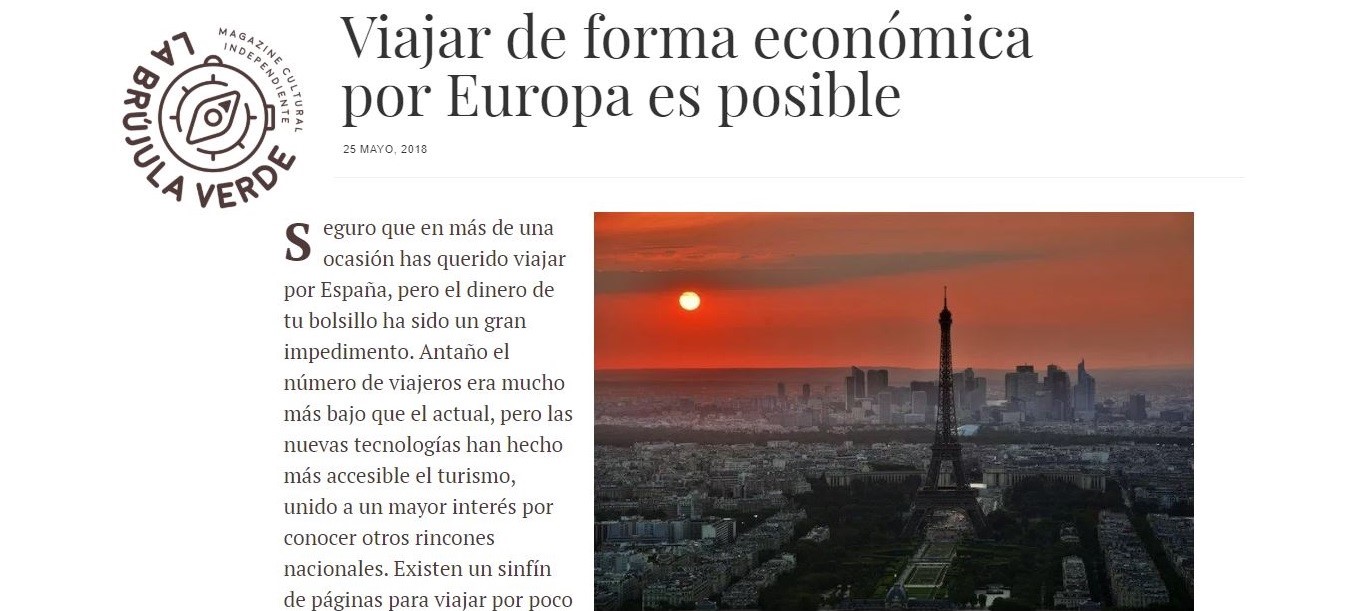Nota de La Brújula Verde con el titular "Viajar de forma económica por Europa es posible" con una imagen del skyline de Francia con la Torre Eiffel al atardecer