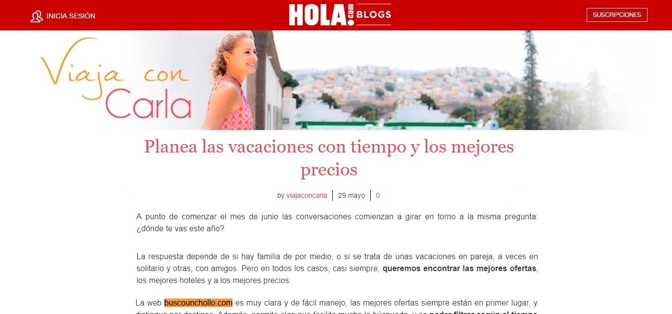 Nota de la Hola.com con el titular "Planea las vacaciones con tiempo y los mejores precios"