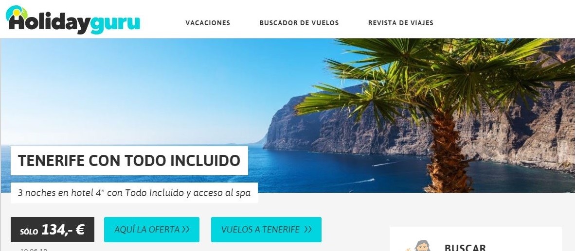 Nota de HolidayGuru con una promo de Tenerife con todo incluido