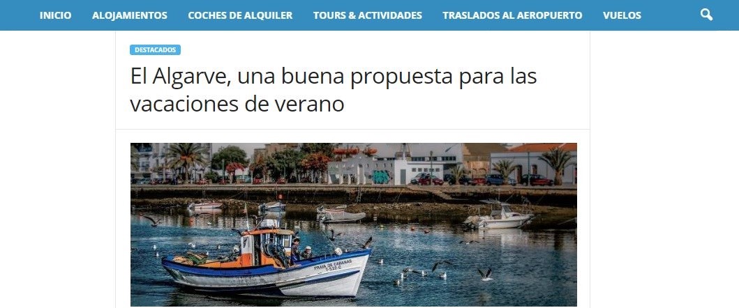 Nota sobre "El algarve, una buena propuesta para las vacaciones de verano" con una imagen de un barco pesquero en el mar y de fondo la ciudad