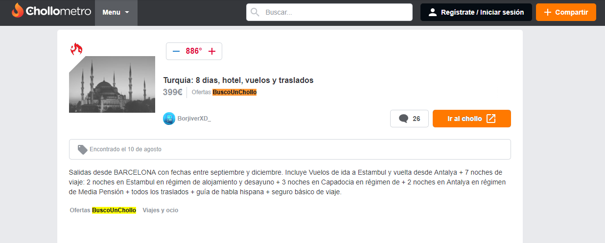 web chollometro con la oferta de viaje a Turquía