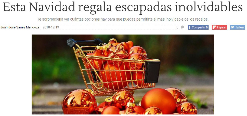 Nota de Revista con título "Esta Navidad regala escapadas inolvidables" junto a una foto de un carrito de supermercado pequeño con unos bolas de navidad de color rojo dentro