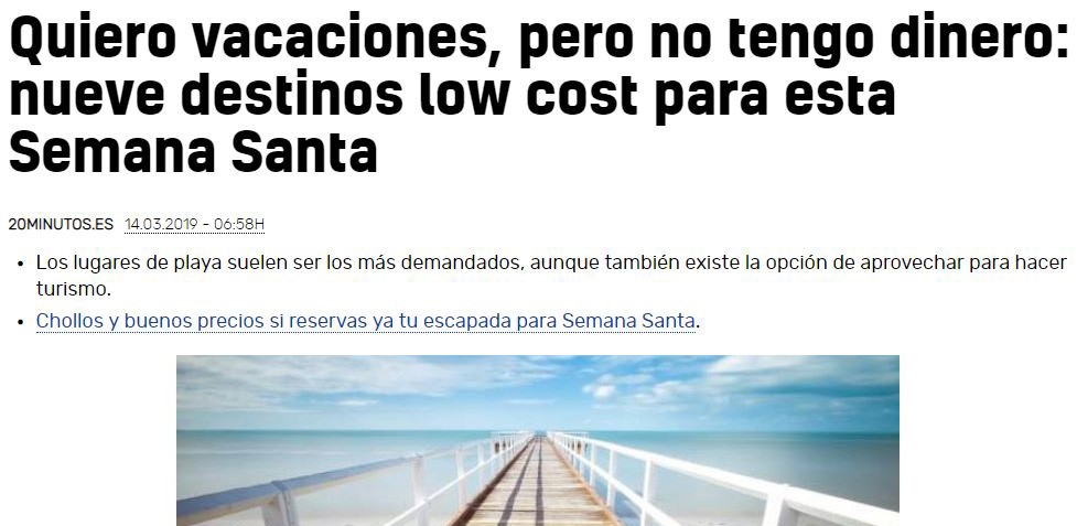 Noticia del diario 20 minutos "Quiero vacaciones, pero no tengo dinero: nueve destinos low cost para esta Semana Santa"