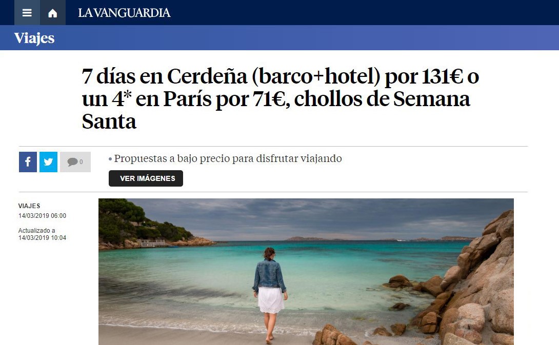 Noticia de La Vanguardia viajes "7 días en Cerdeña (barco+hotel) por 131€ o un 4* en País por 71€, chollos de Semana Semana Santa"