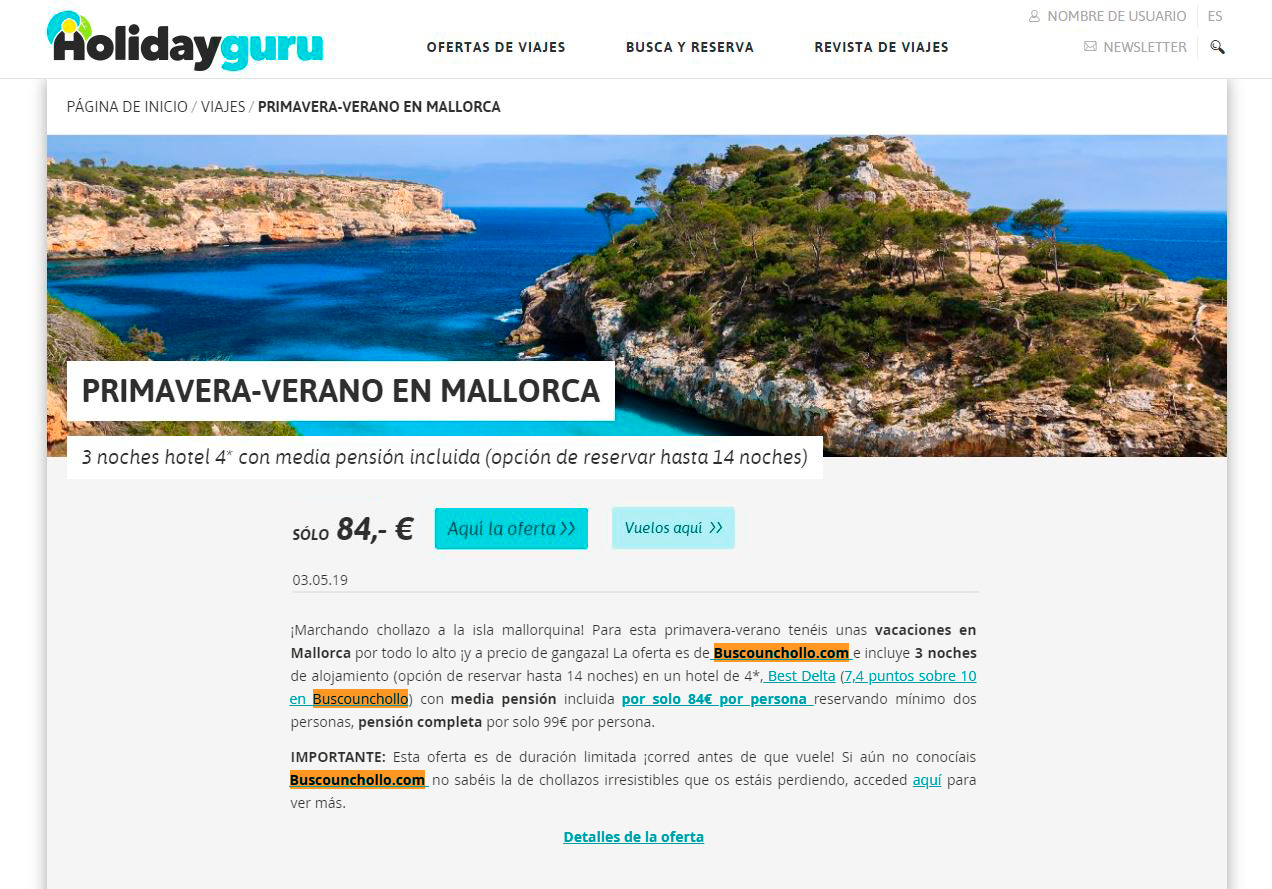Revista Holidayguru con imagen de un isla con el texto "Primavera-verano en Mallorca"