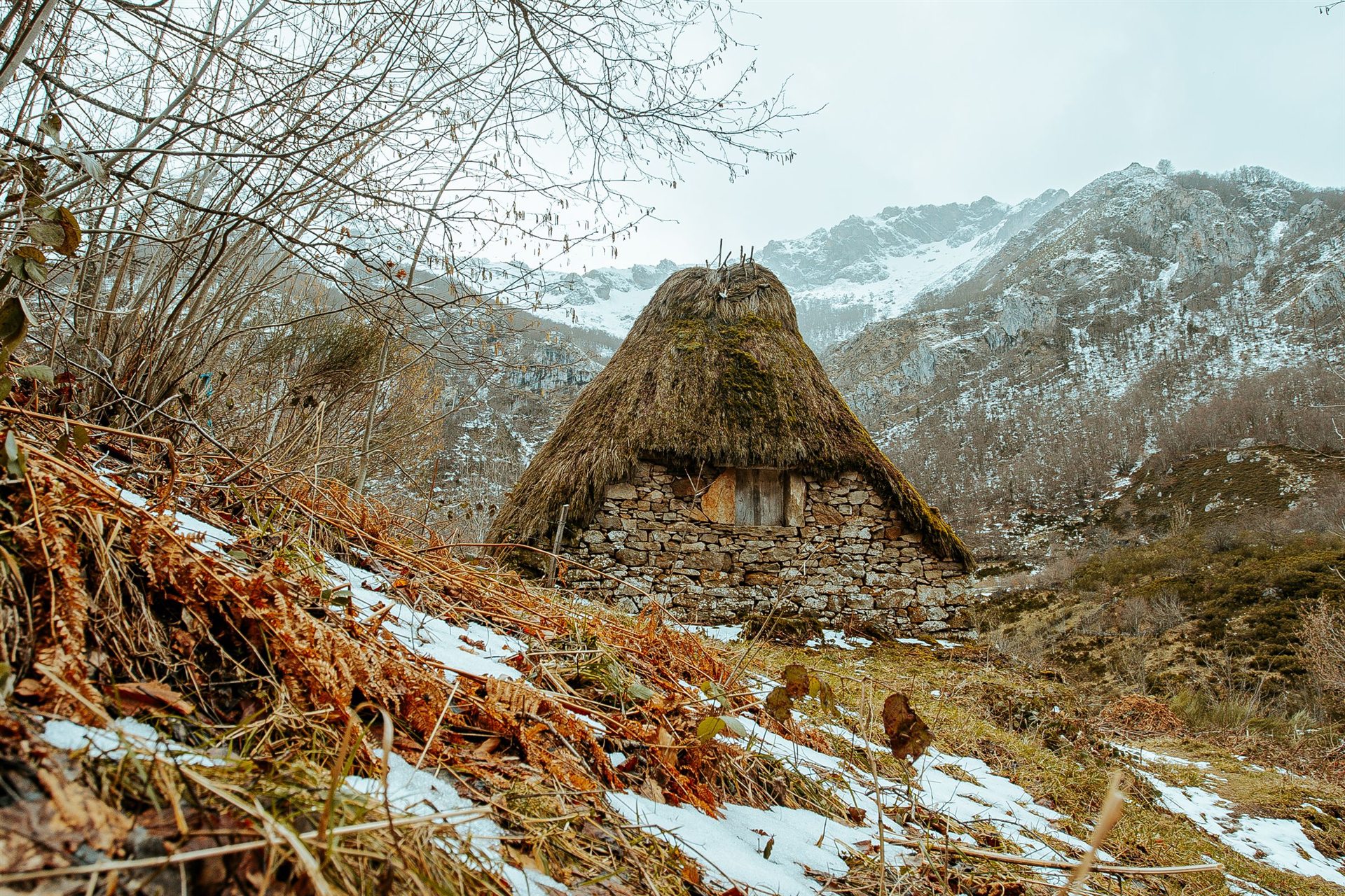 Teito tradicional de cubierta vegetal en una braña asturiana, naturaleza auténtica